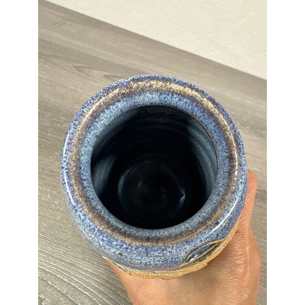 Studio Pottery M&M'S Handcrafted Glazed Ceramic Jar Blue Cream 6 Inch